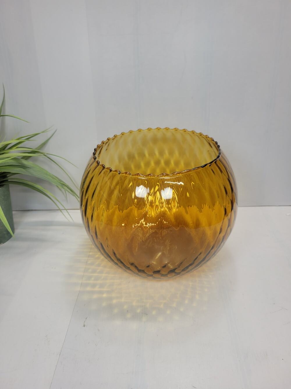 Vintage Empoli Amber Glass Rose Bowl Vase Mid Century Diamond Optic Italian MCM